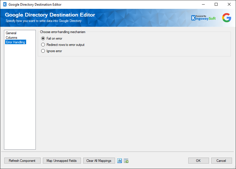 Google Directory Destination component - Error Handlin